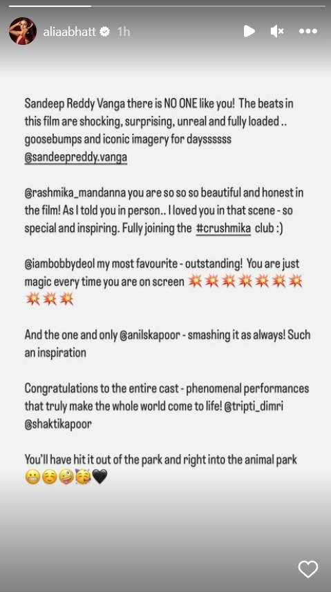 Alia Bhatt reviews Ranbir Kapoor starrer Animal