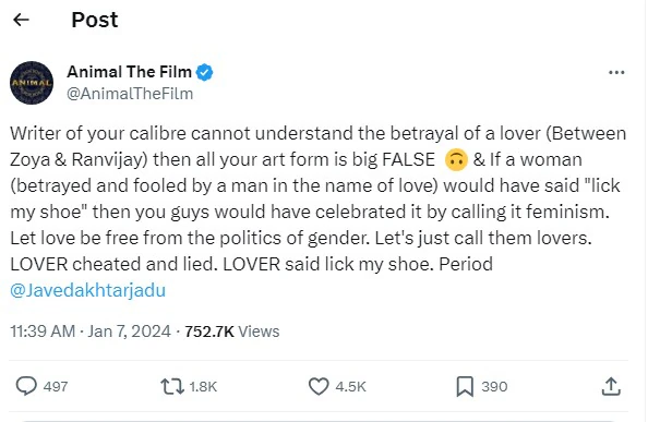 Animal team comments on Javed Akhtar's remark