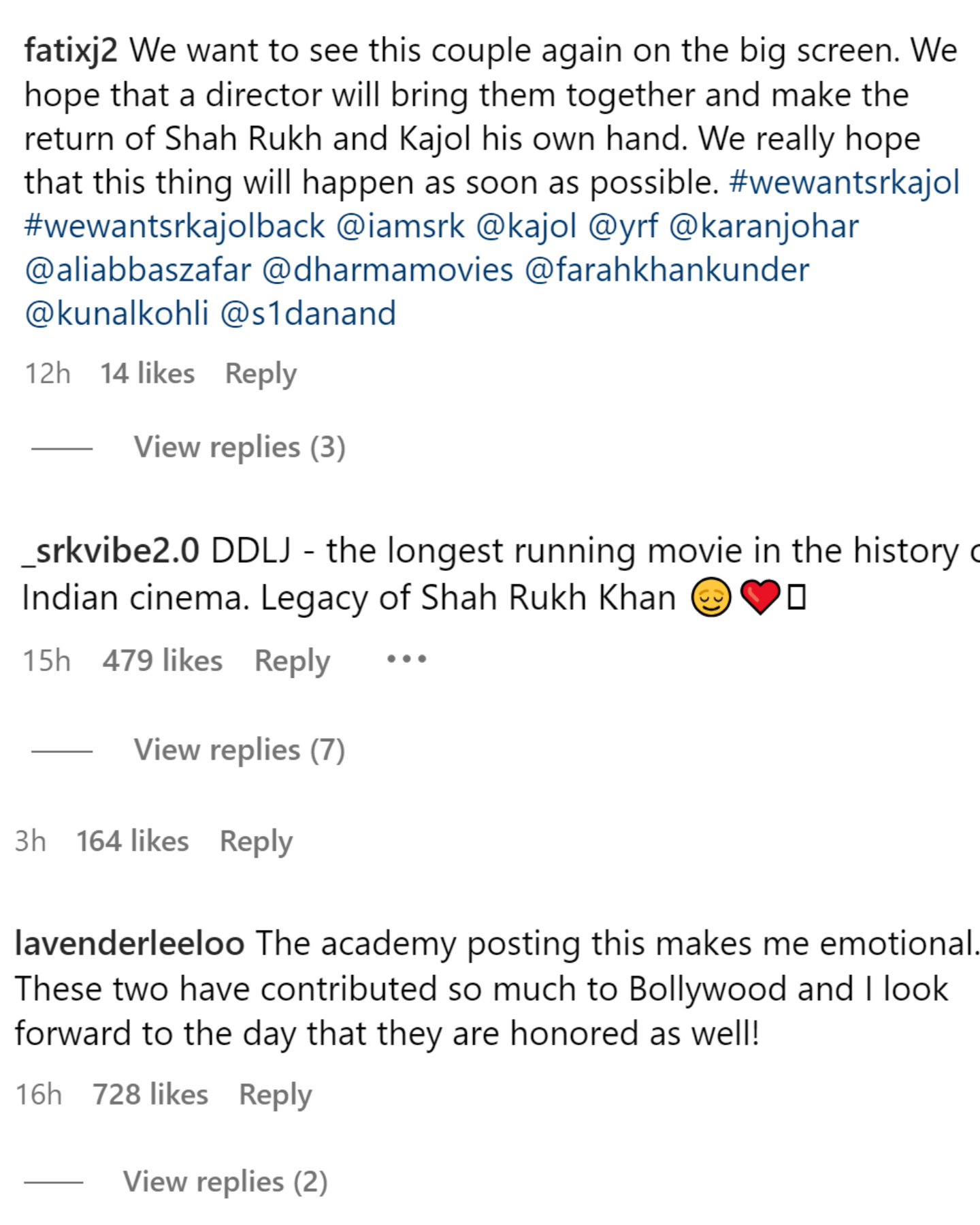 Fans comment on The cademy celebrating DDLJ