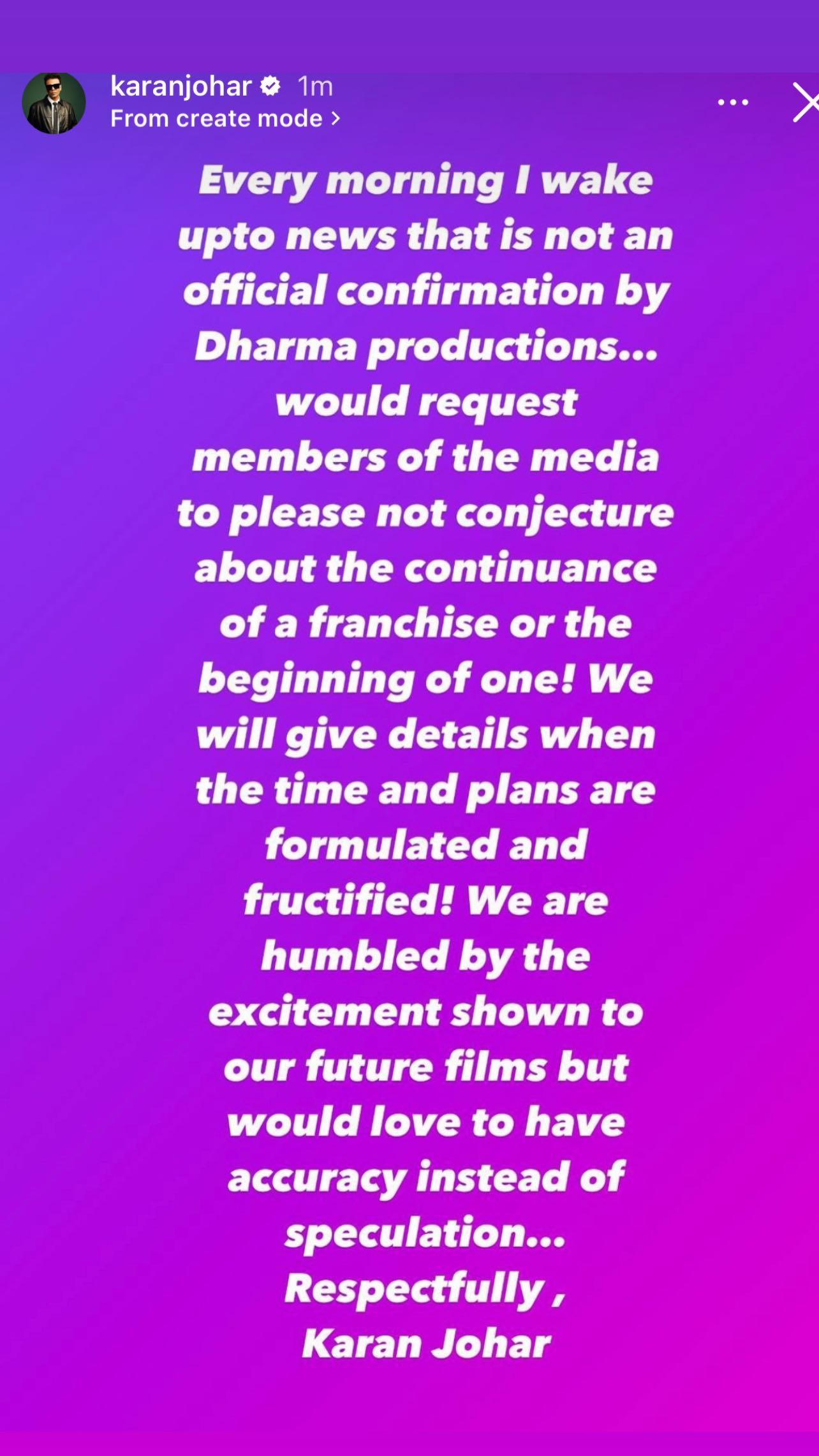 Karan Johar's statement on Dulhania 3