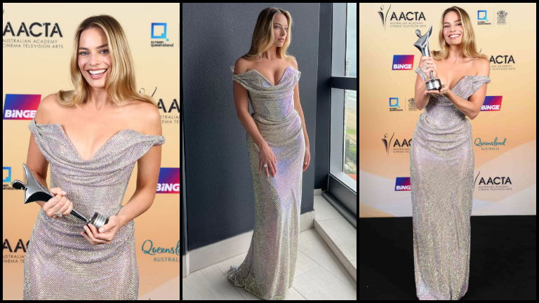 Margot Robbie in Vivienne Westwood silver shimmery gown