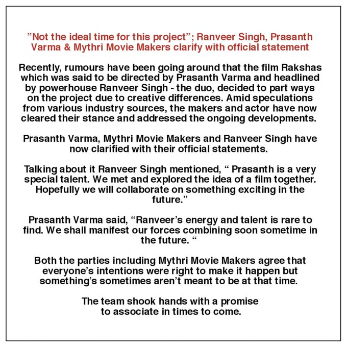 The official statement on Rakshah being shelved