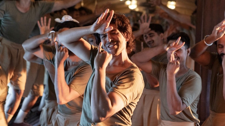 Kartik Aaryan in a still from Chandu Champion's Satyanaas