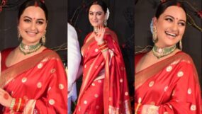 sonakshi sinha wedding with zaheer iqbal, sonakshi wedding pictures, sonakshi red saree pictures, sonakshi and zaheer reception look, sonakshi reception look