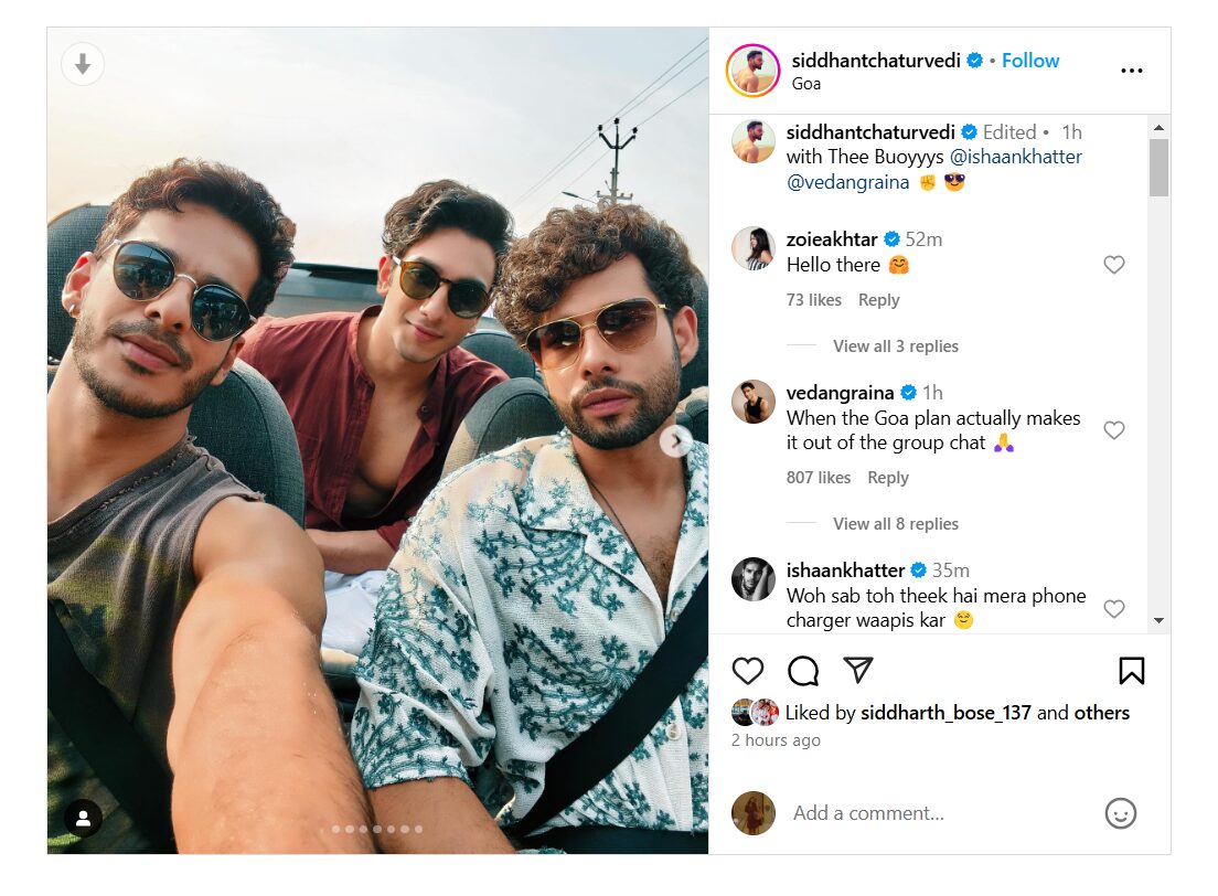 Siddhant Chaturvedi's latest Goa post with Ishaan Khatter and Vedang Raina