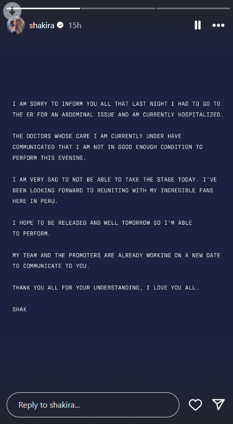 Shakira hospitalised due to abdominal pain