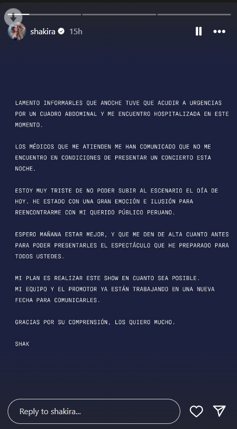 Shakira postpones Peru concert