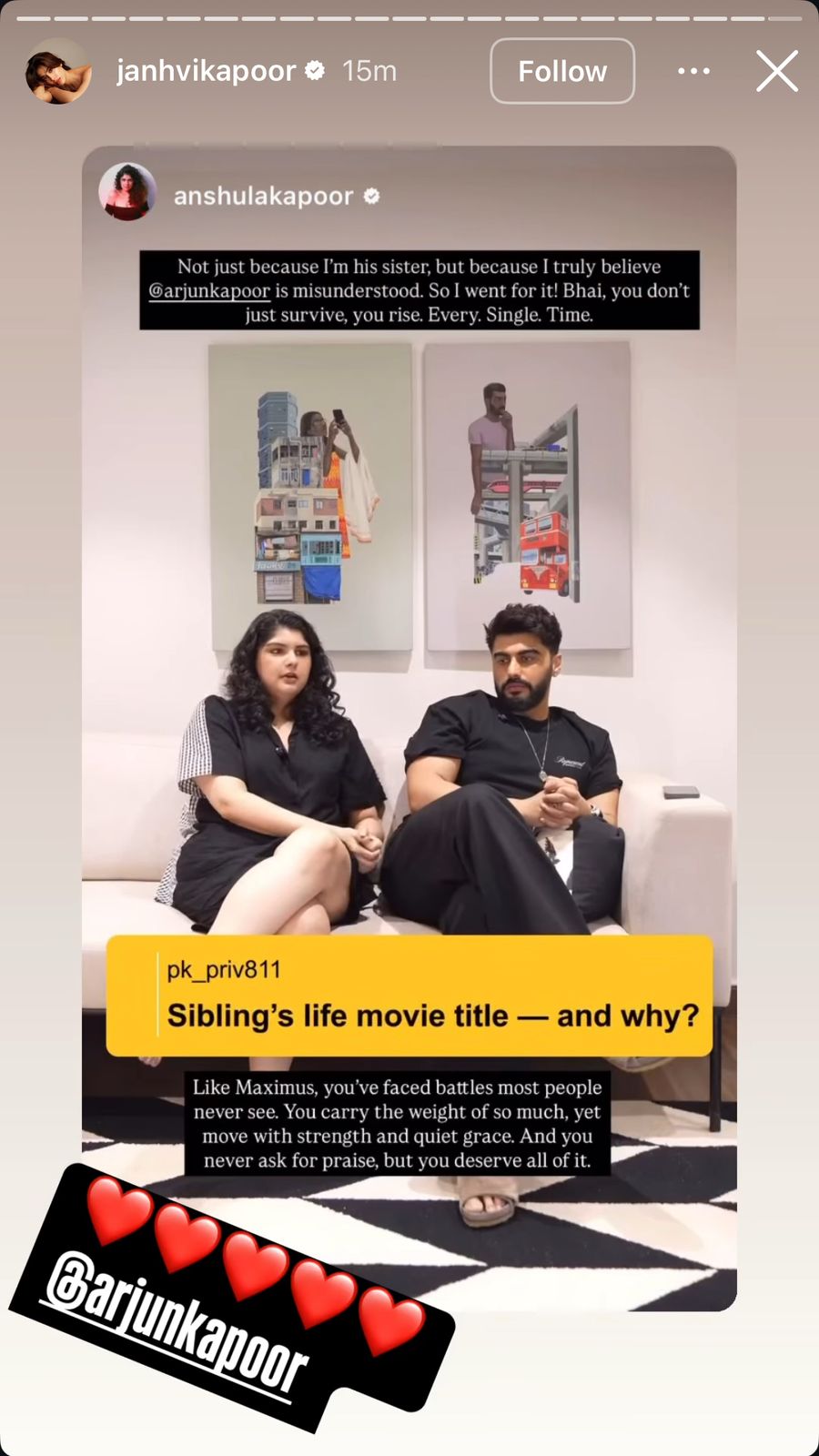 Janhvi Kapoor Reacts After Anshula Kapoor Hails Arjun Kapoor as Gladiator’s Maximus