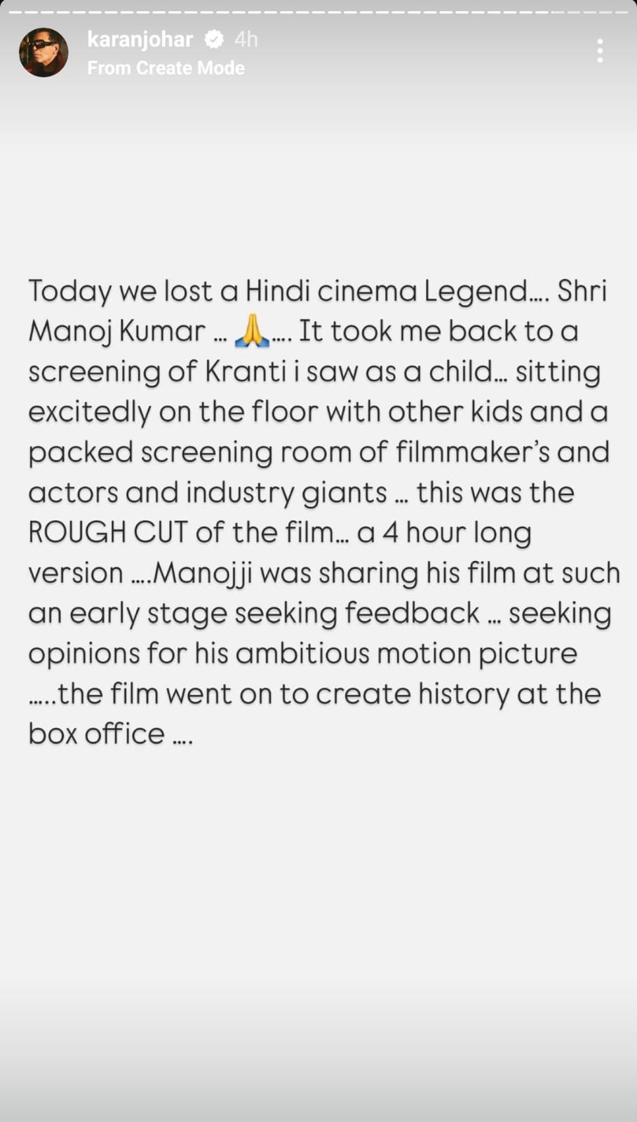 Karan Johar remembers Manoj Kumar post his demise