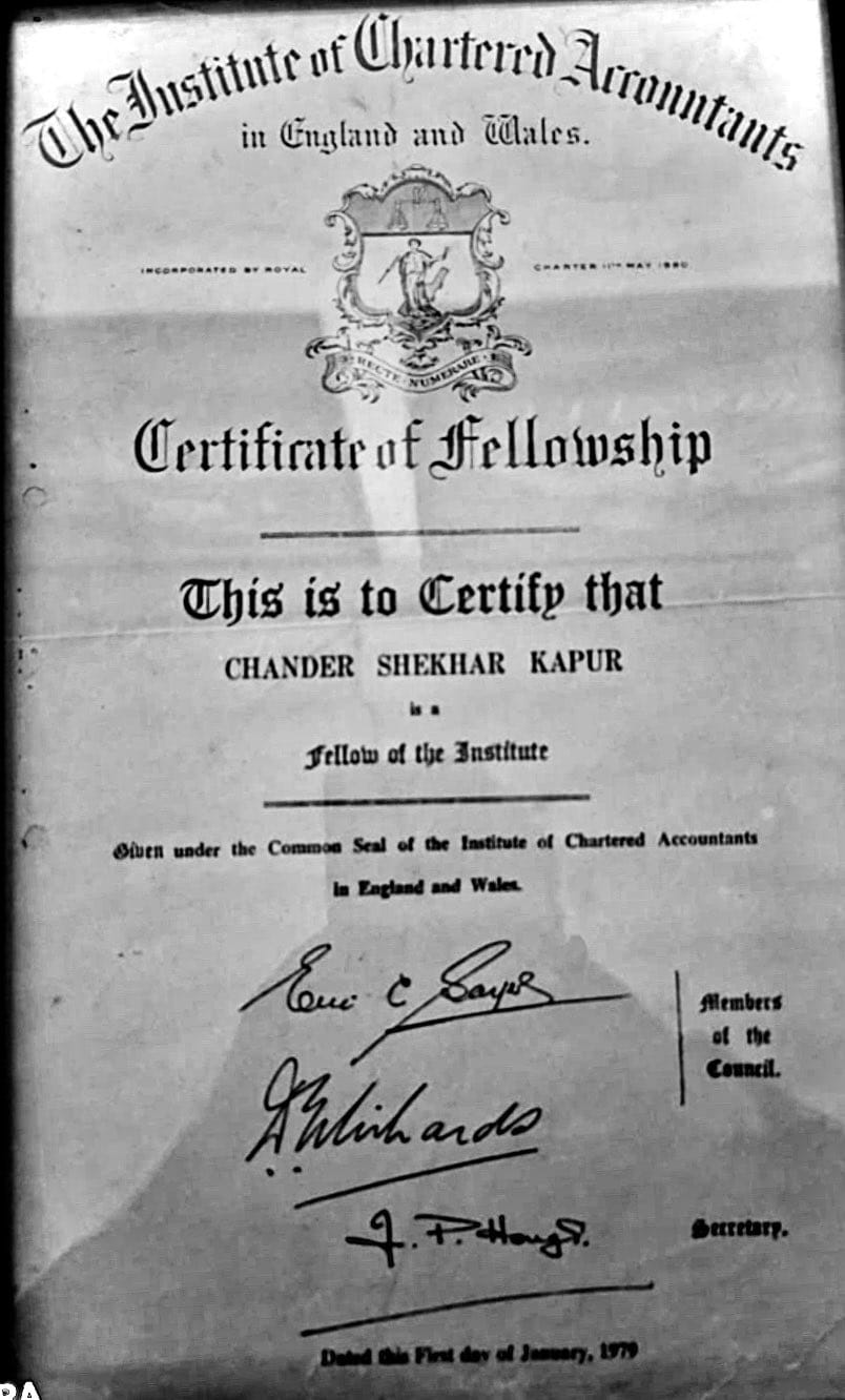 Shekhar Kapur's Chartered Accountant Certificate