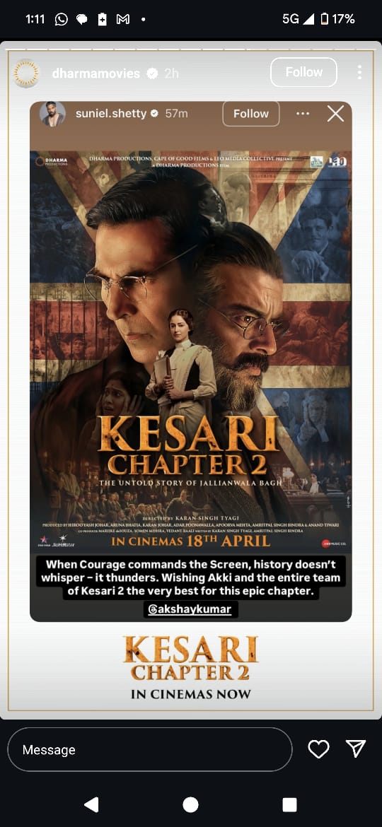 Suniel Shetty praises Kesari Chapter 2