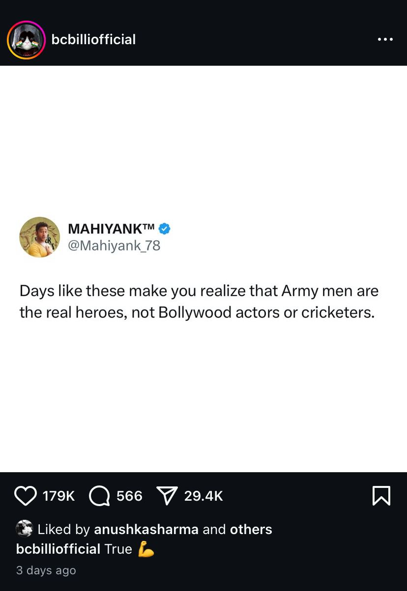 Anushka Sharma reacts to post calling Army men heroes and NOT Bollywood actors or cricketers