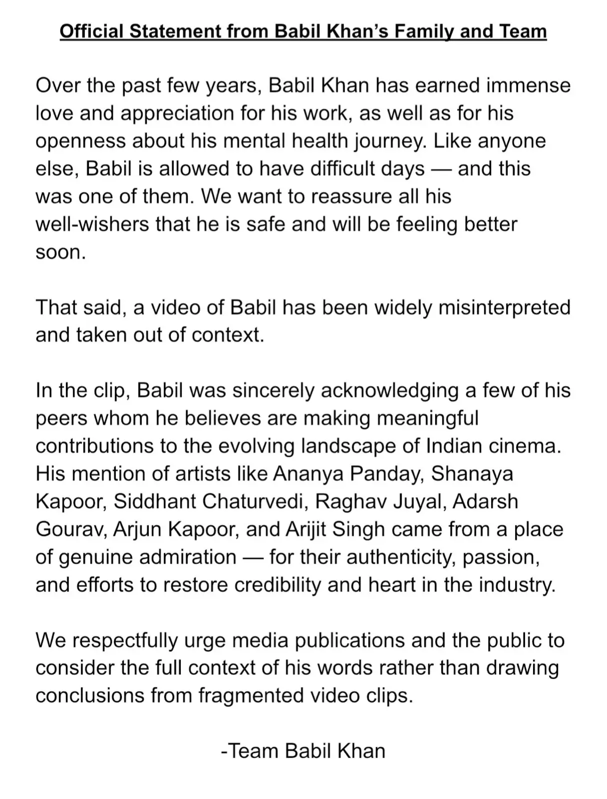 Babil Khan's official statement