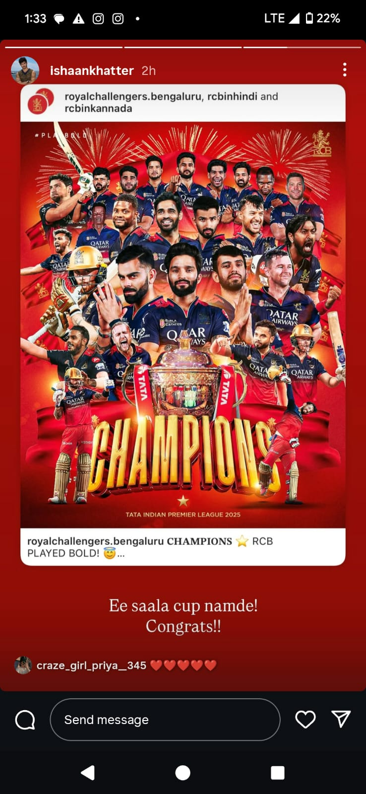 Ishaan Khatter Insta Story