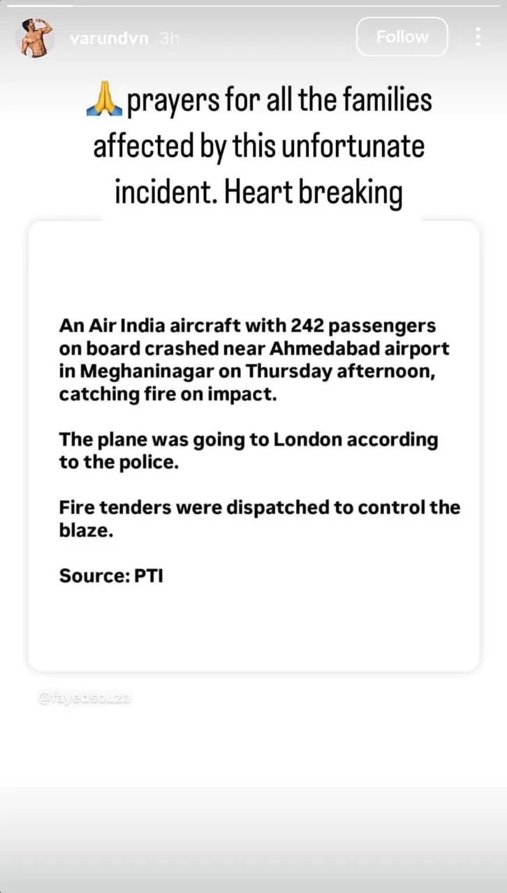 Varun Dhawan On Ahmedabad Plane Crash