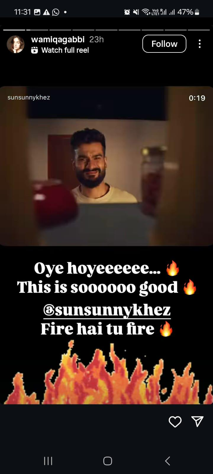 Wamiqa Gabbi Insta Story For Sunny Kaushal