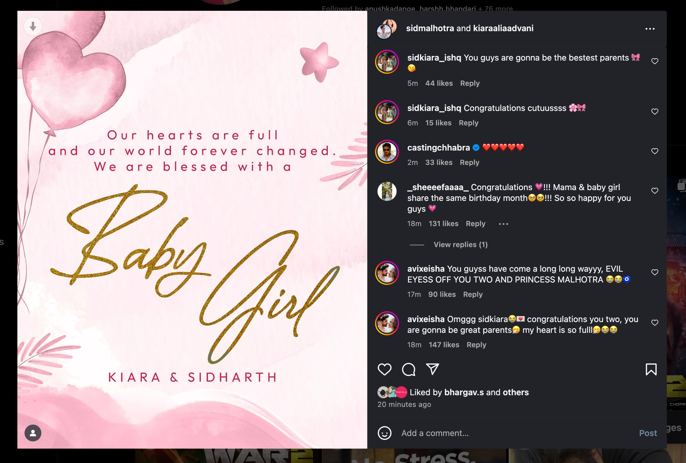 Fans wish SId and Kiara on baby girl's arrival