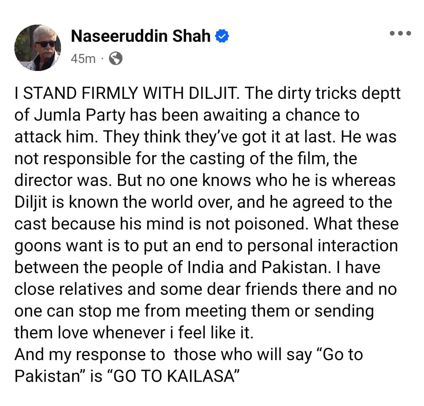 Naseeruddin Shah's FB Post Supporting Diljit Dosanjh