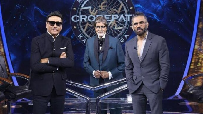 Suniel Shetty with Amitabh Bachchan and Jakcie Shroff on KBC