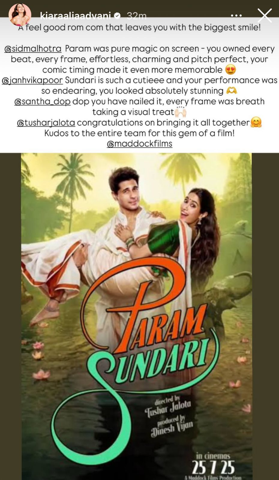 Kiara praises Param Sundari