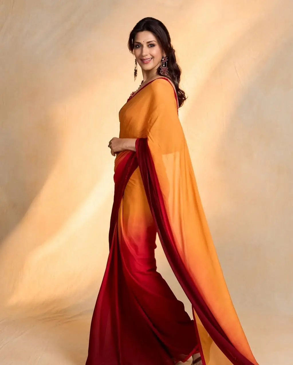 Sonali Bendre In A Crimson-Saffron Saree