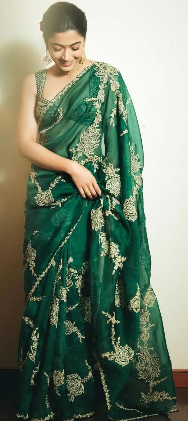 Rashmika Looking Graceful In A Emerald Green Sheer Saree