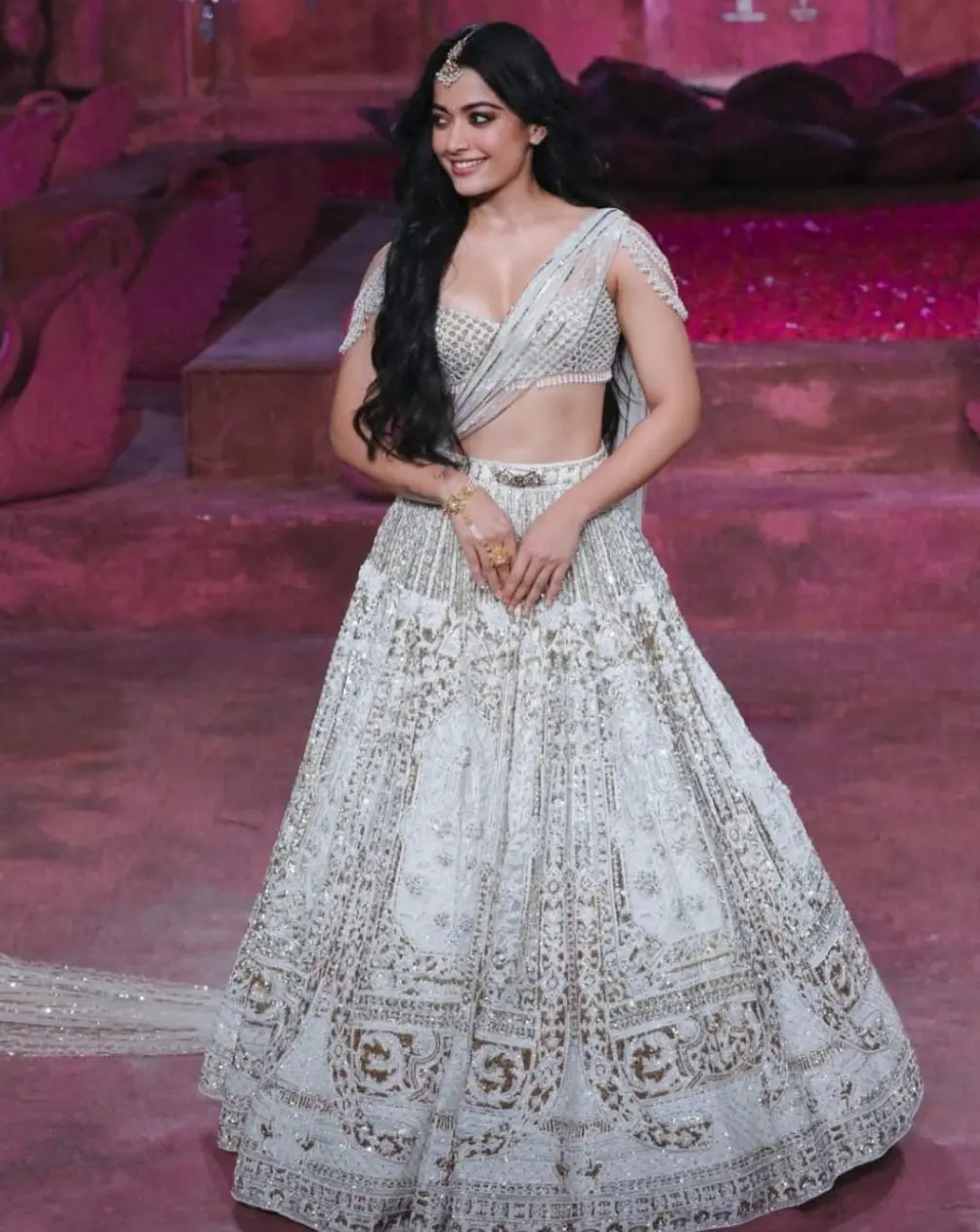 Rashmika Looking Stunning In A Ivory Embellished Lehenga