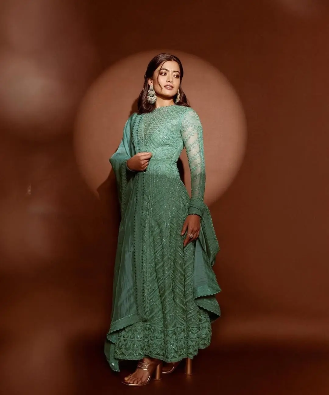 Rashmika Mandanna Looking Regal In A Light Green Embroidered Anarkali