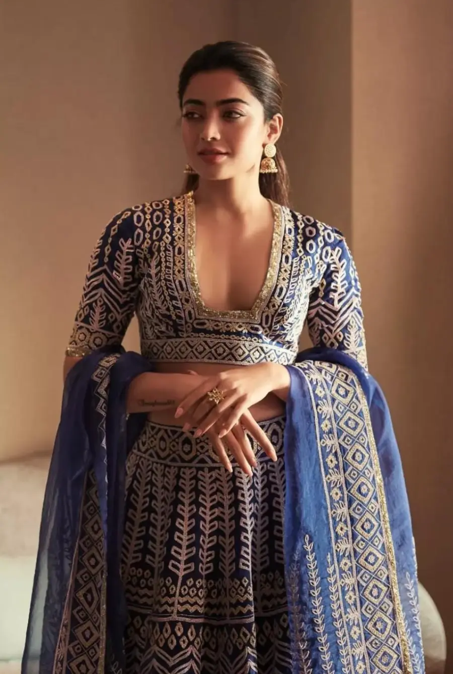 Rashmika Redefining Festive Elegance In A Royal Blue Embroidered Lehenga