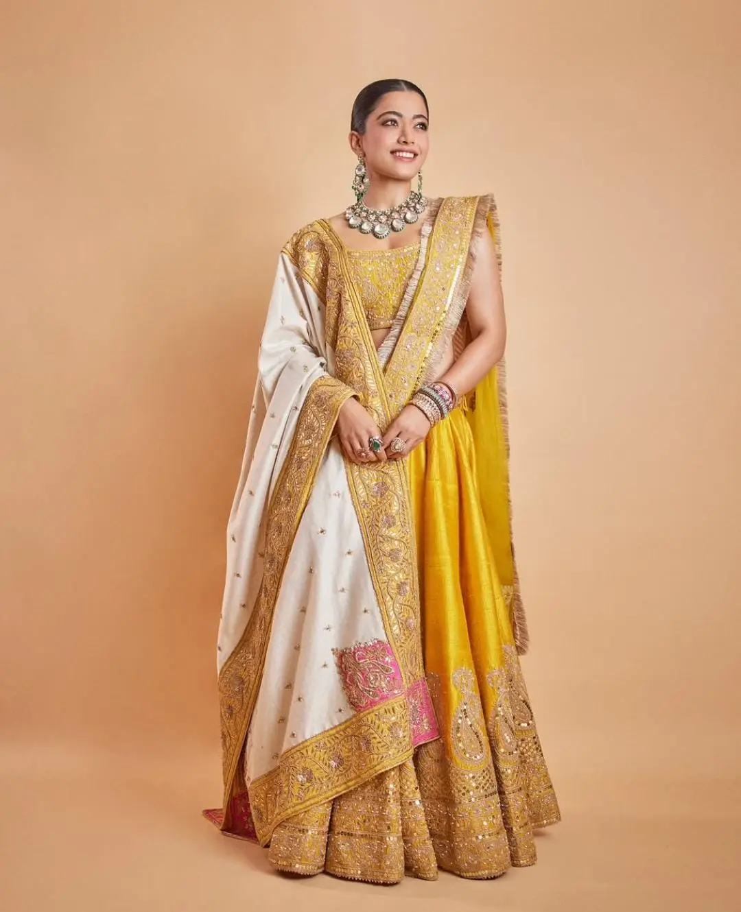 Rashmika Slaying In A Yellow Lehenga Paired With An Ivory Dupatta