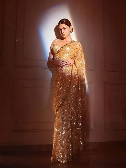Kriti Sanon Winning Hearts In A Golden Sequence Saree