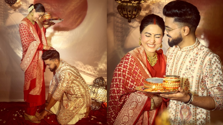 rocky jaiswal touches hina khan's feet on karva chauth 2025