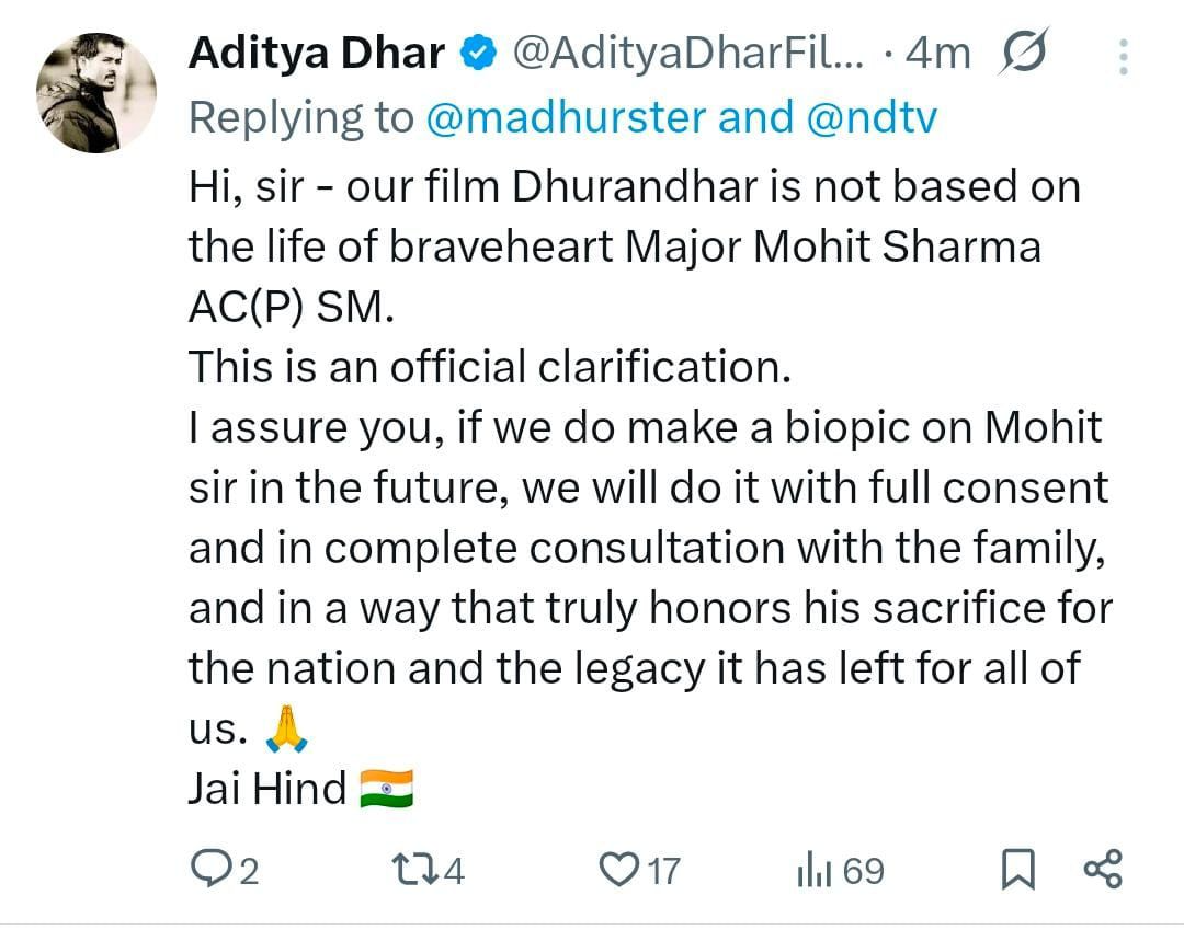 Aditya Dhar Denies Dhurandhar Is Based On Major Mohit Sharma
