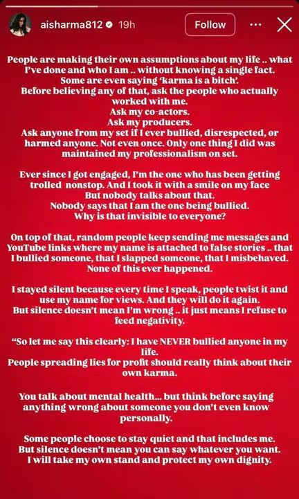 Aishwarya Sharma slams bullying allegations against her