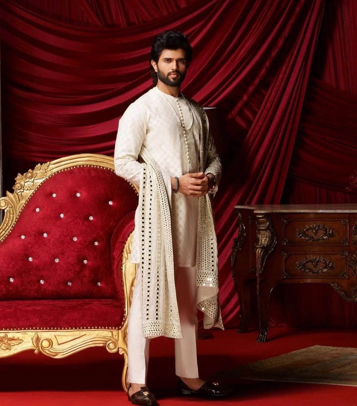 Classic Ivory Kurta With Embellished Shawl