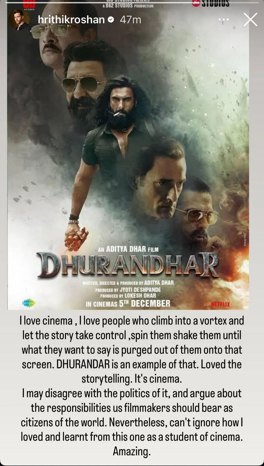 Hrithik Roshan praises Ranveer Singh's Dhurandhar for its storytelling