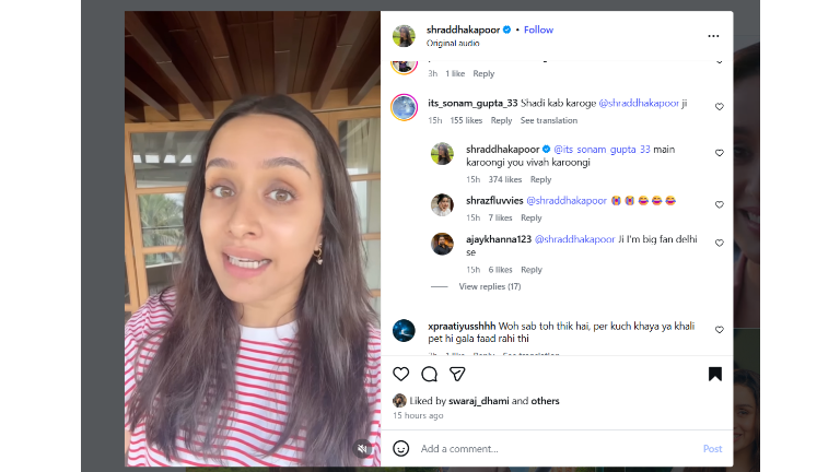 Shraddha Kapoor's witty response to fan asking 'Shaadi Kab Karoge'