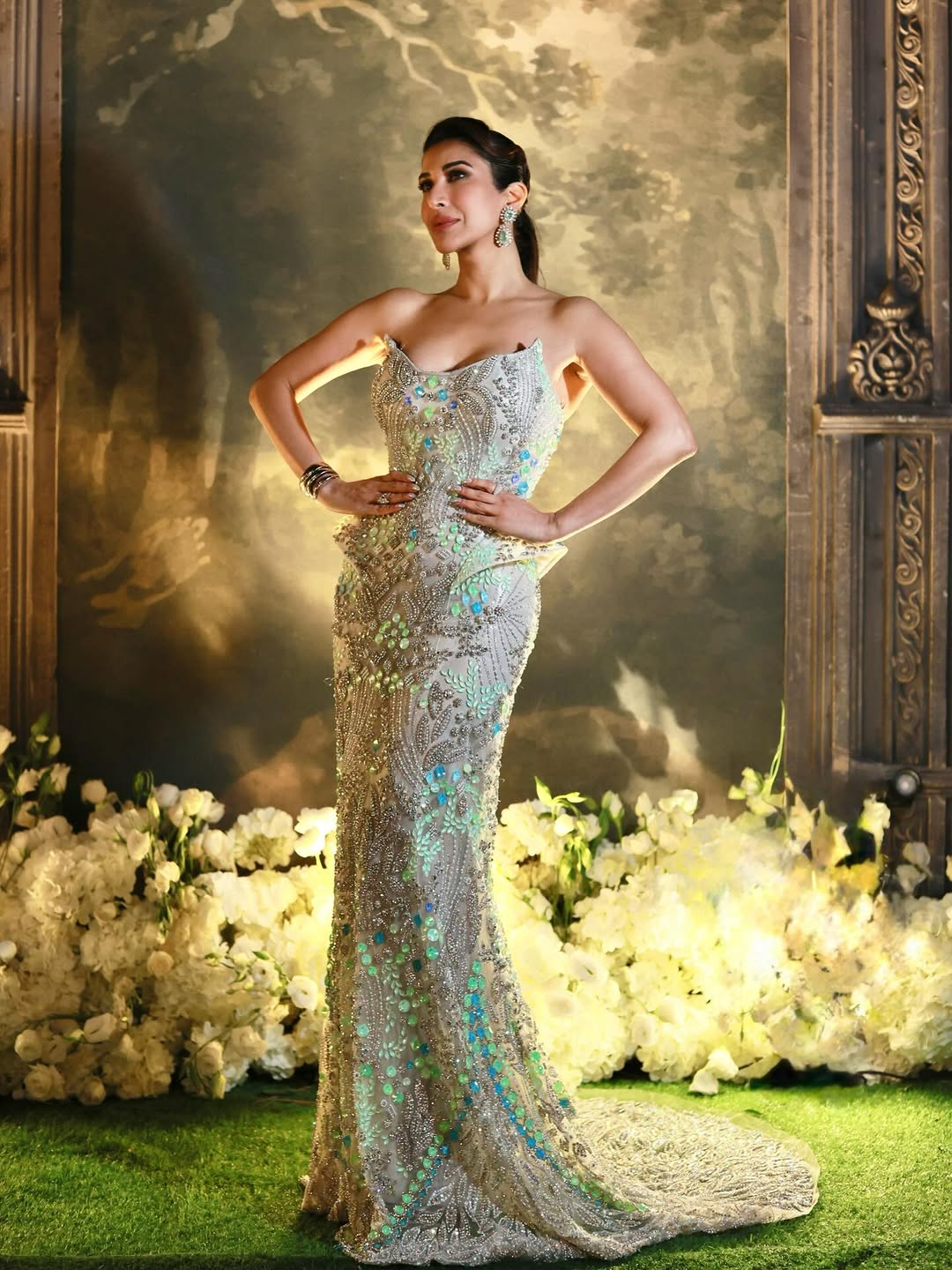 Sophie Choudry In A Embellished Silver Strapless Gown