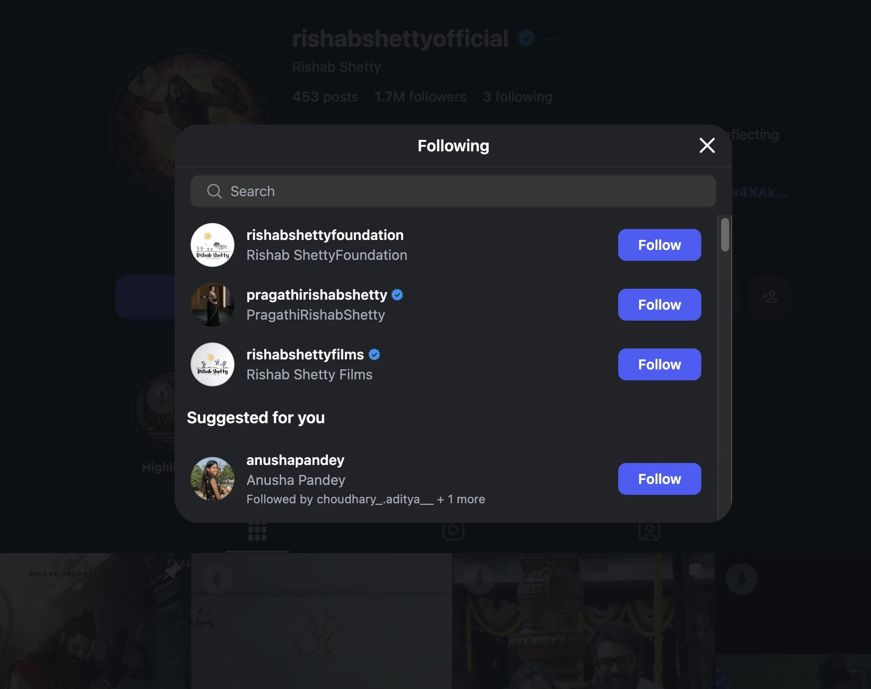 Rishab Shetty's current following list