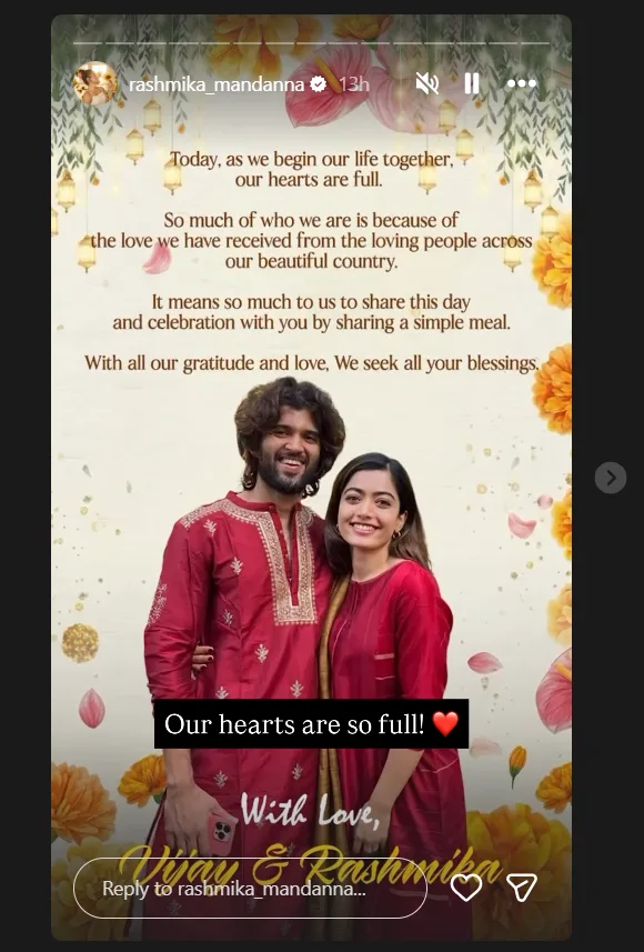 Vijay Deverakonda And Rashmika Mandanna Celebrate Their Wedding By Sharing A Simple Meal With Fans