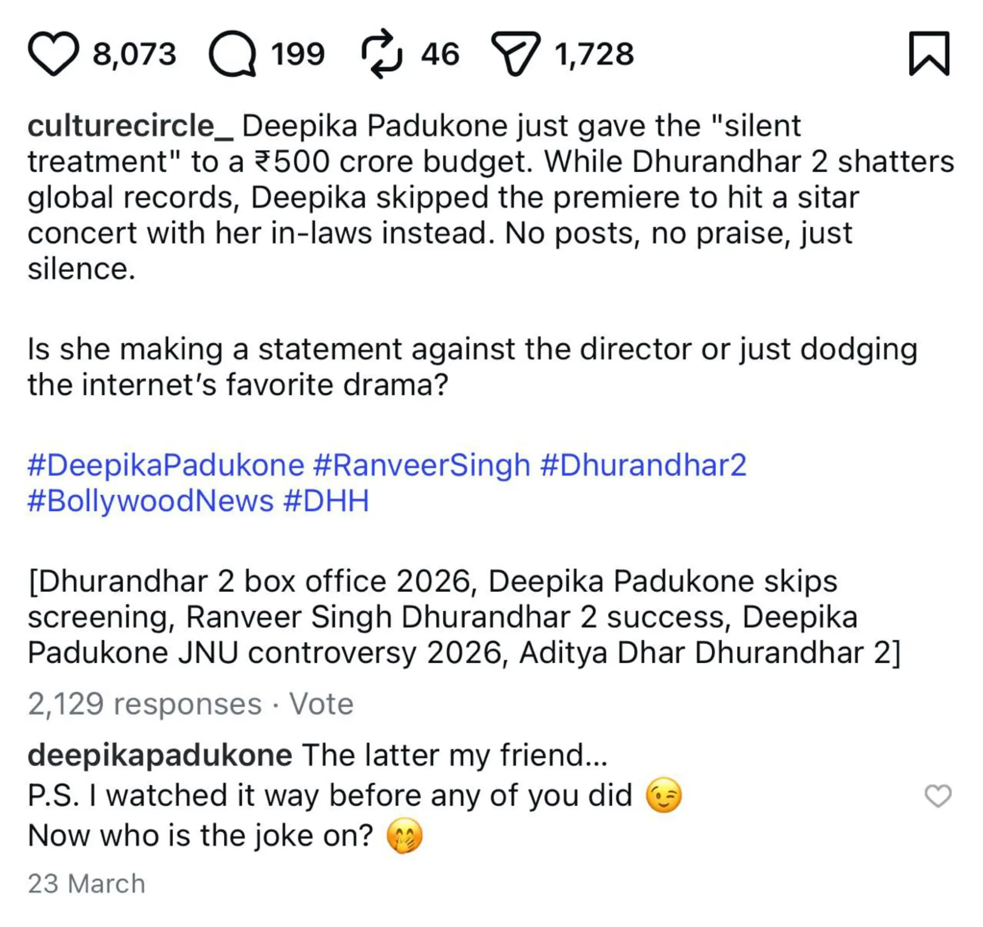 Deepika Padukone breaks silence on Dhurandhar 2