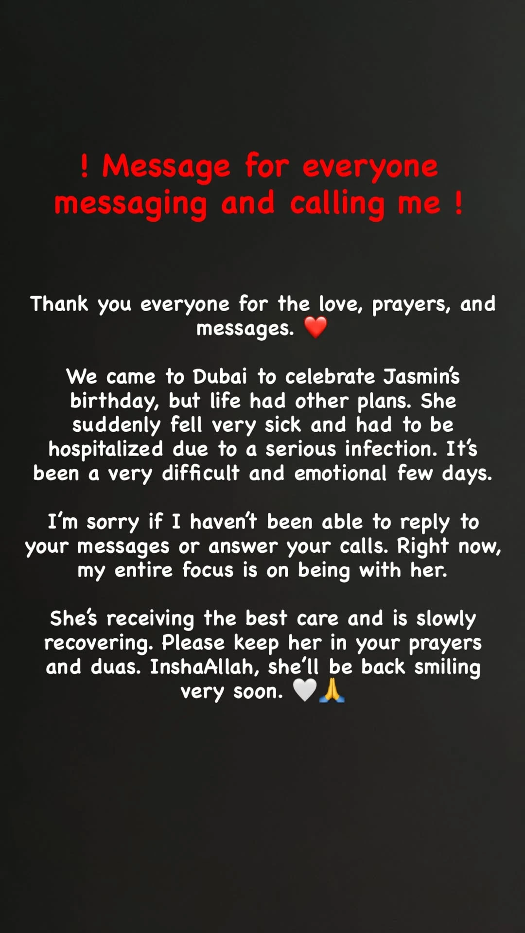 Aly shares message on Jasmine's health