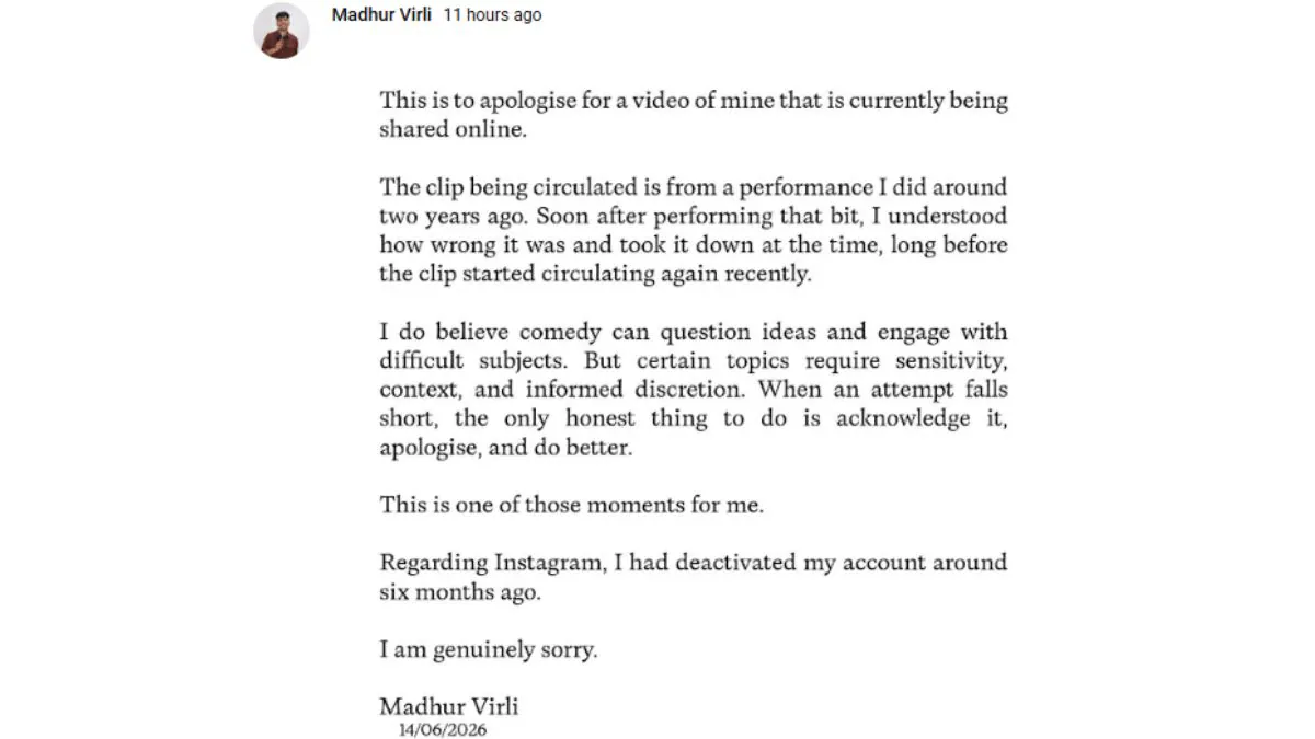 Madhur Virli Issues Apology For 2024 Viral Rape Joke